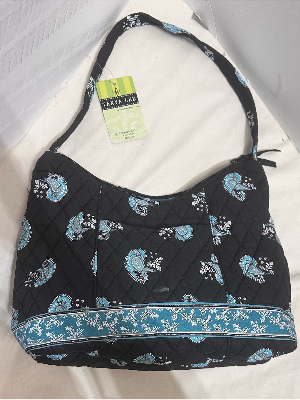 Black Quilted Shoulder Bag with Teal Paisley Accents